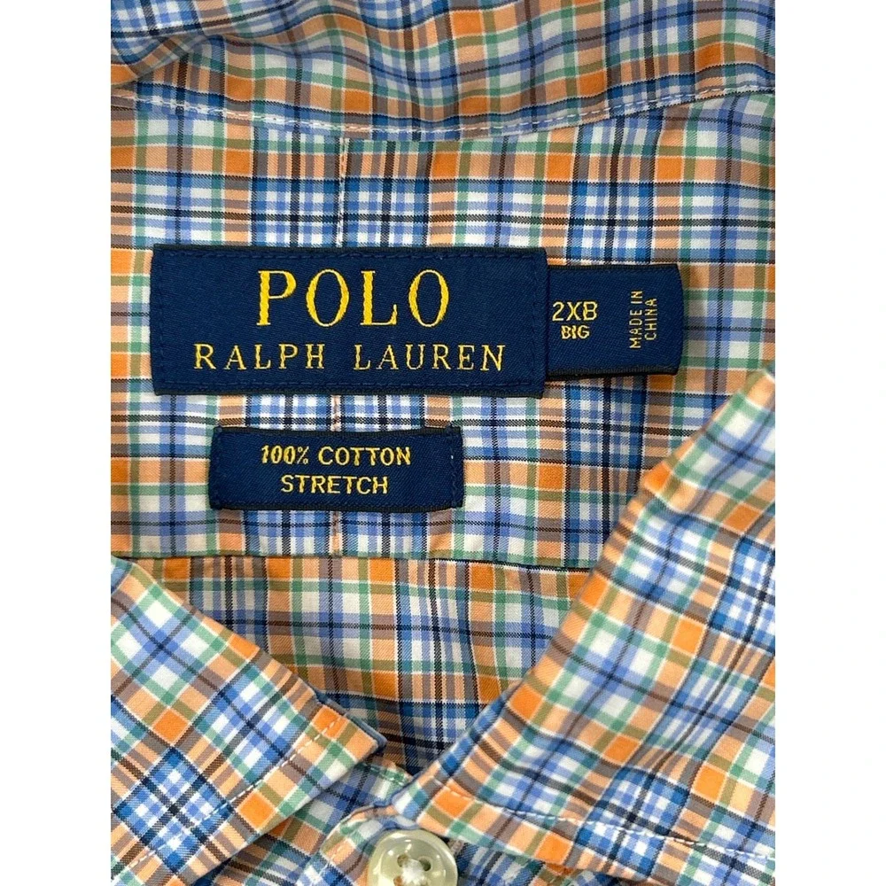 Polo Ralph Lauren Shirt Mens 2XB Big Orange Blue Plaid Button Down‎ Cotton